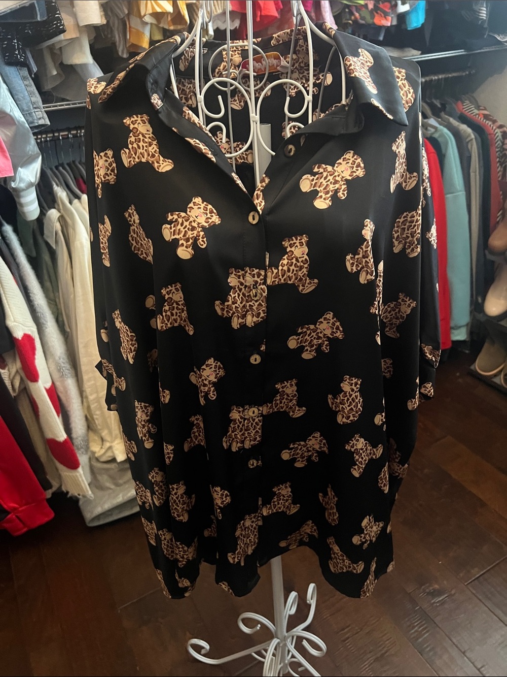 Black Button-Down Shirt with Leopard Teddy Print (Boutique Brand)